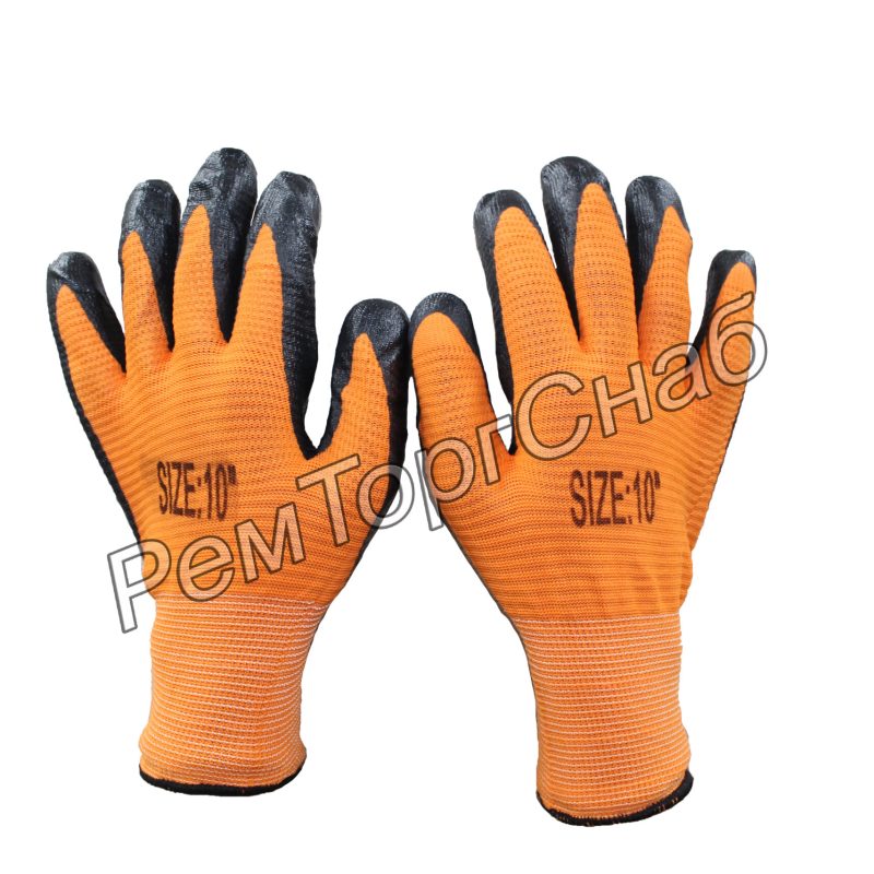 Перчатки нейлоновые с рельефным нитриловым покрытием.(оранжевые)